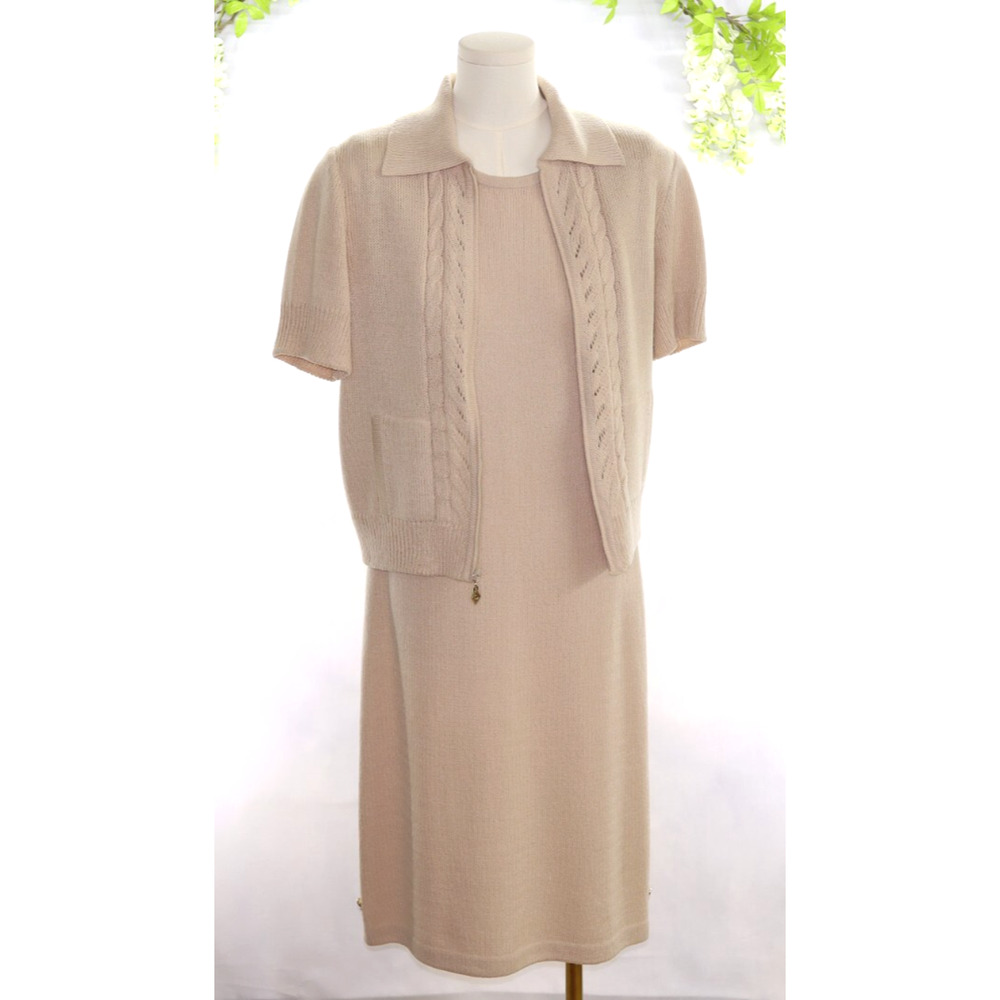 St. John Sheath Sleeveless Dress/Short Sleeve Jacket Knit Neutral Old Money 4P